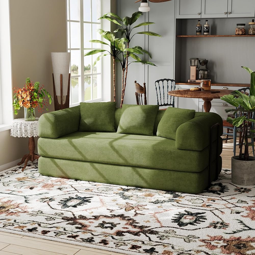 78" Corduroy Convertible Sofa Bed with Pull-Out Bed, Olive Green
