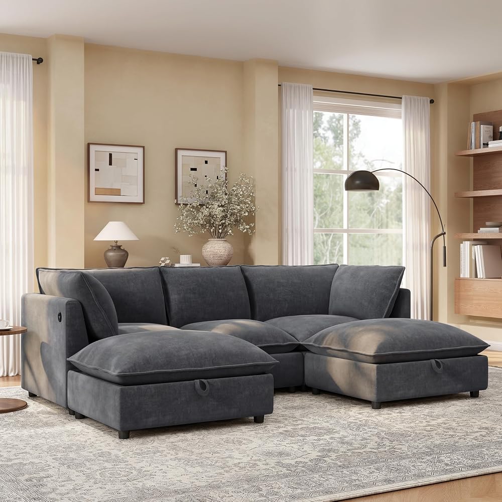 98" Modular Sectional Sofa with Movable Storage Ottoman, U-Shaped Cloud Couch with Fold-Down Backrest Table, Charing Ports, Cup Holders, Chenille Deep Seat Sectional Couches for Living Room, Gray