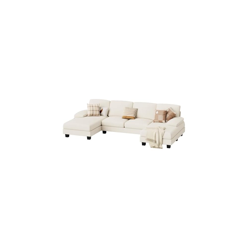 Sectional Couches for Living Room, U Shaped Couch with Chenille Fabric, 4 Seat Modern Sofa with Removable Pillows for Apartment and Small Space (Fabric, White)