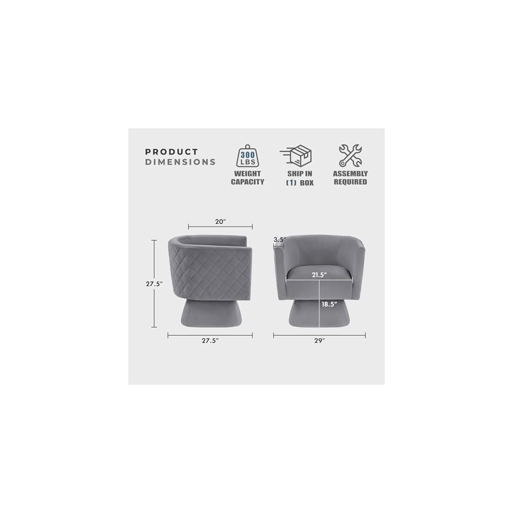 360 Degree Swivel Accent Chair, Modern Comfy Velvet Barrel Chair, Diamond Stitched Details, Plush Foam Cushions, Metal Swivel Base, for Living Room/Bedroom/Apartment/Office, Gray