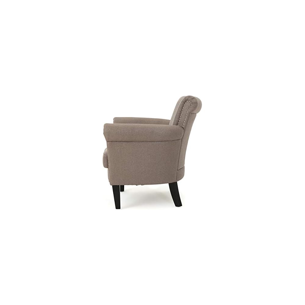 Brice Vintage Scroll Arm Studded Fabric Club Chair, Light Coffee / Dark Brown, 31D x 29.5W x 31.5H in