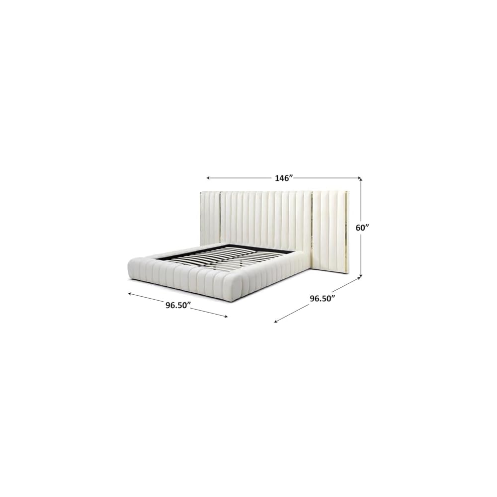 King Platform Bed, 96.5” x 146” x 60”, Velvet Upholstered in Cream, Winged Headboard with Vertical Piping, Low-Profile Design, Sturdy Frame, Luxurious Bedroom Centerpiece