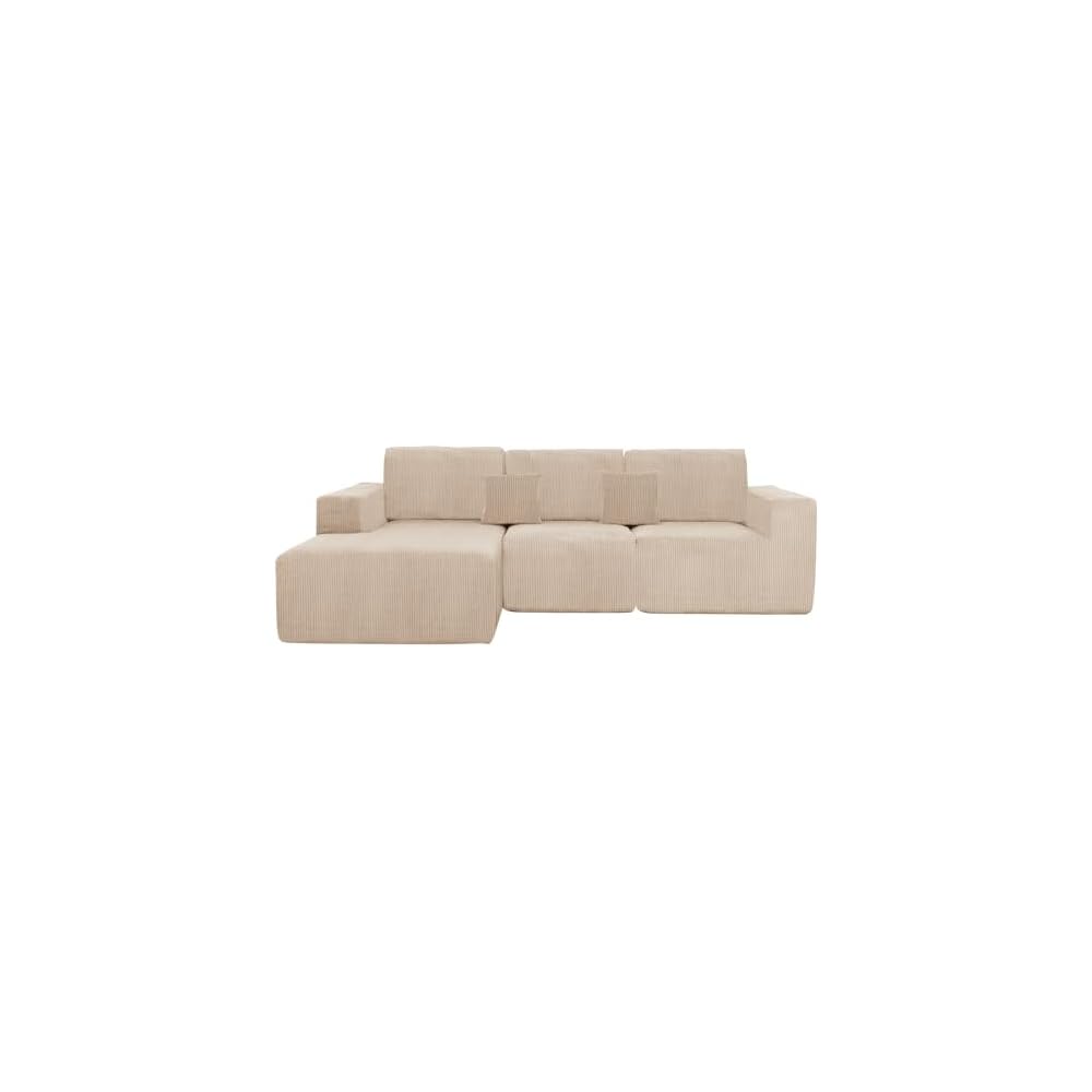 Boneless Couches for Living Room L-Shape Chaise Cloud Couch Modular Sectional 3 Pieces Deep Seat 111" Compressed Couches for Living Room Bedroom with Plush Corduroy Fabric No Assembly Required, Khaki