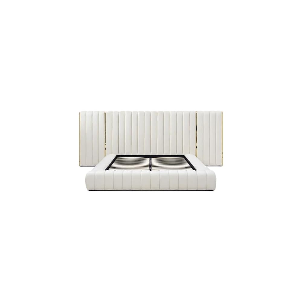 King Platform Bed, 96.5” x 146” x 60”, Velvet Upholstered in Cream, Winged Headboard with Vertical Piping, Low-Profile Design, Sturdy Frame, Luxurious Bedroom Centerpiece