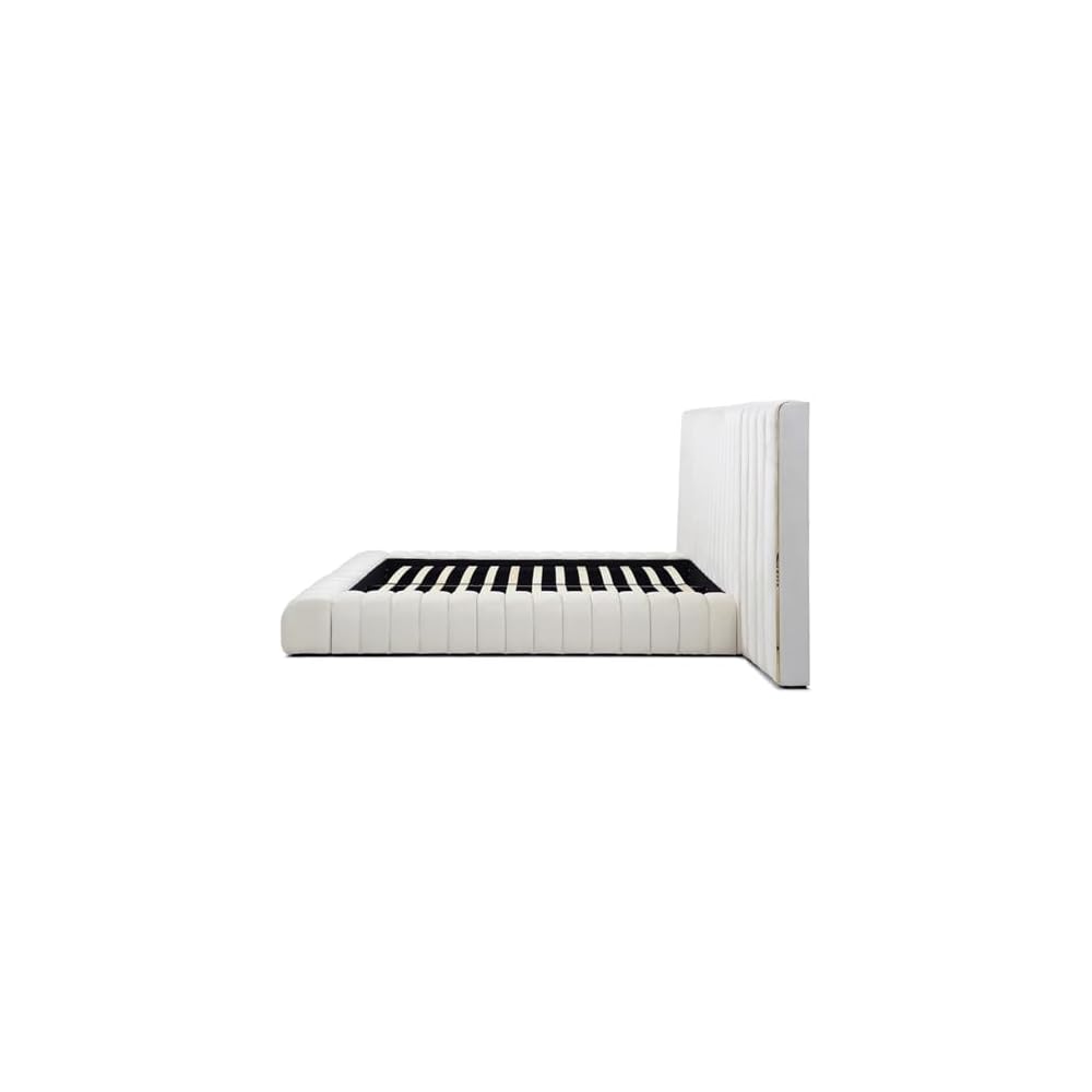 King Platform Bed, 96.5” x 146” x 60”, Velvet Upholstered in Cream, Winged Headboard with Vertical Piping, Low-Profile Design, Sturdy Frame, Luxurious Bedroom Centerpiece