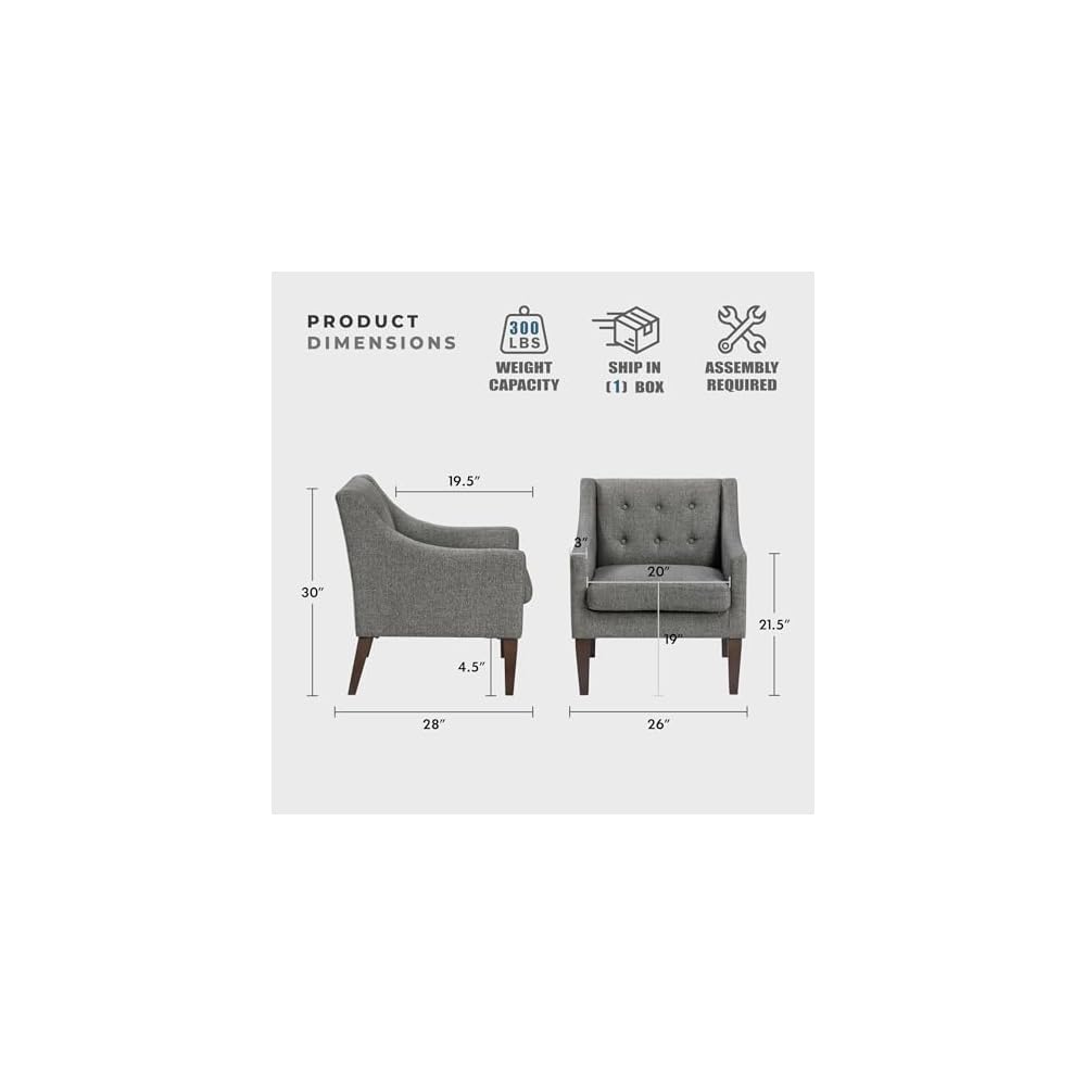 Living Room Accent Chair, Textured Fabric Upholstered Arm Chair with Button Tufted Back, Sloped Arms and Wooden Legs, Dark Gray