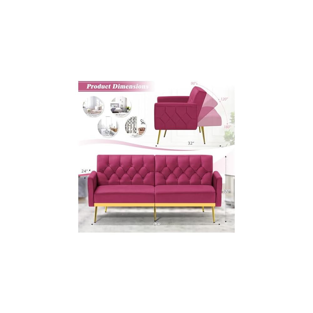 Velvet Sofa Bed w/Adjustable Armrests & Backrests, Fuchsia