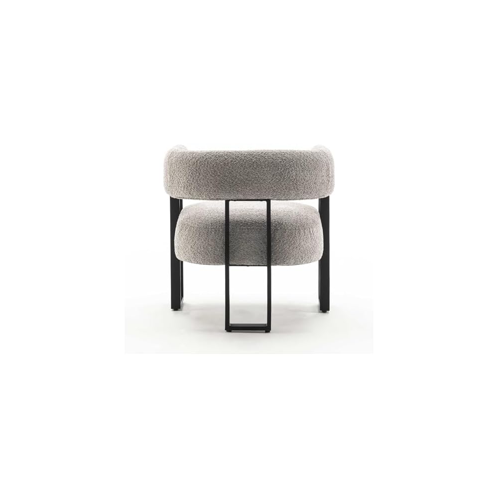 Accent Chair Grey Upholstered Teddy Velvet Single Sofa Modern Corner Round Padded Armrest Club Boucle Armchair for Living Room Bedroom Office Hotel Lounge Nursery Apartment Black Metal Stand