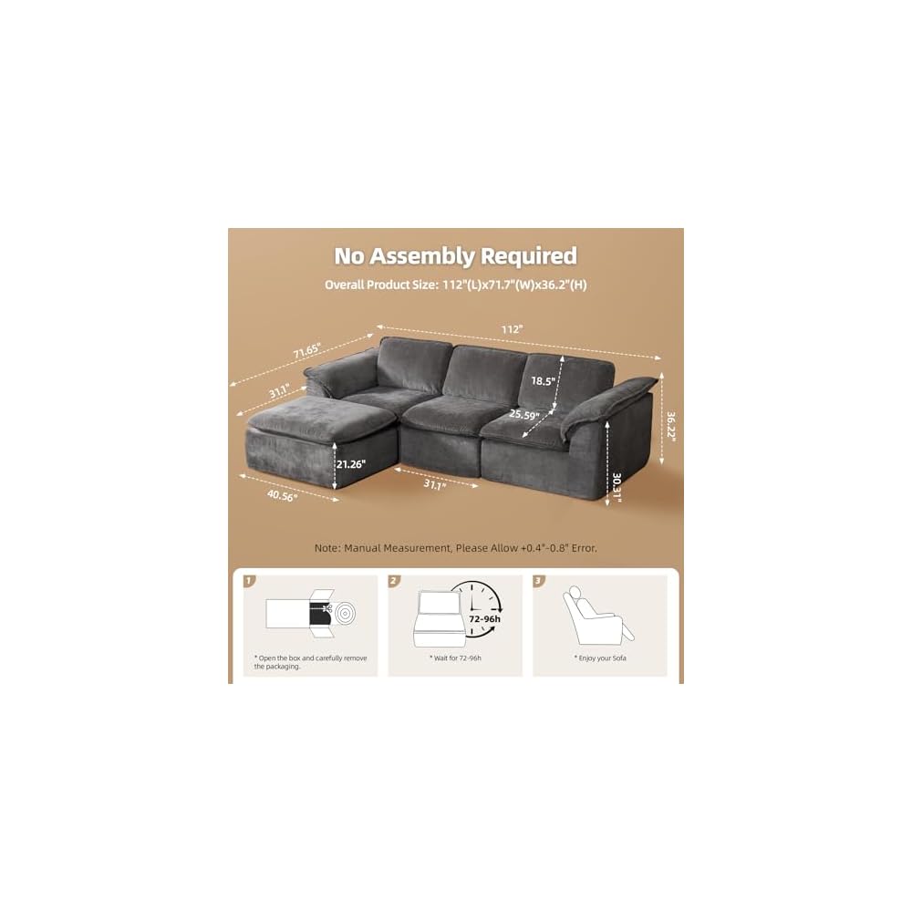 112" Cloud Couch with Padded Armrests & Moveable Ottoman Dark Grey