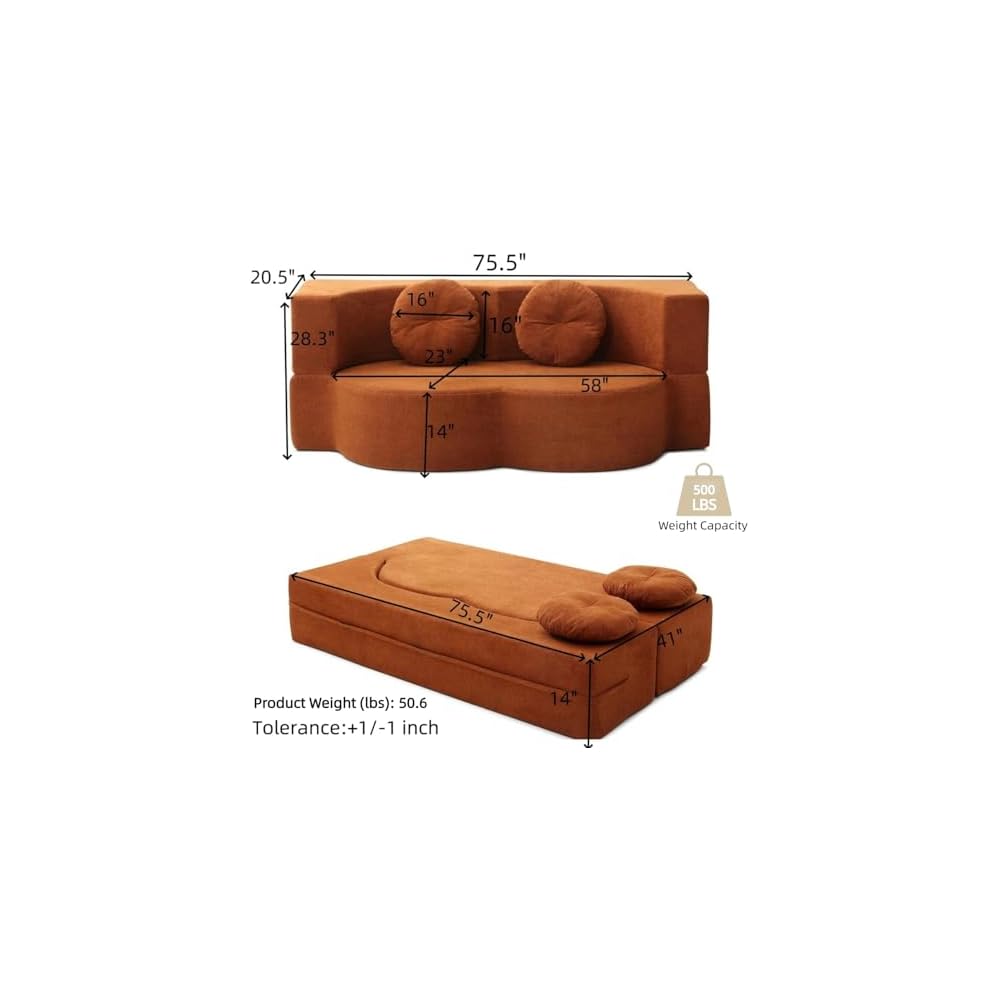 76" Folding Sofa Bed, Twin Size Convertible Design, Orange