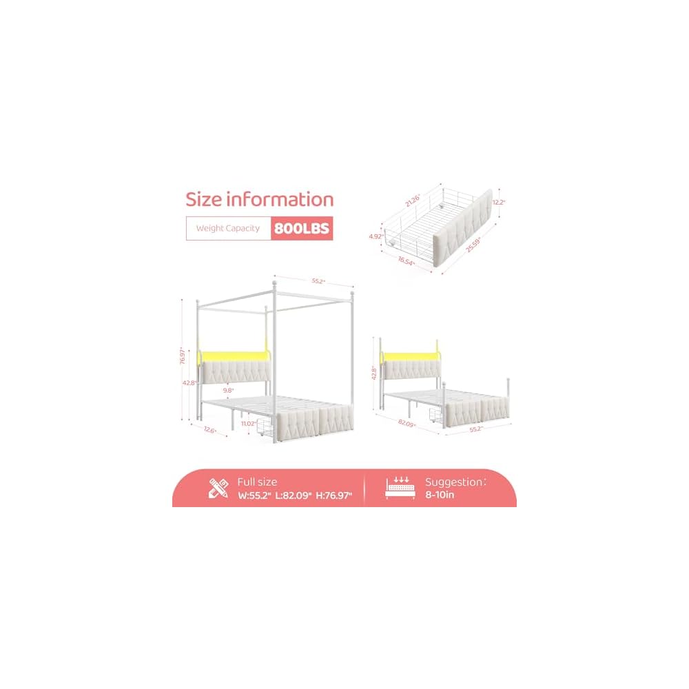 Full Canopy Bed Frame with Drawers and LED Lights & Charging,White
