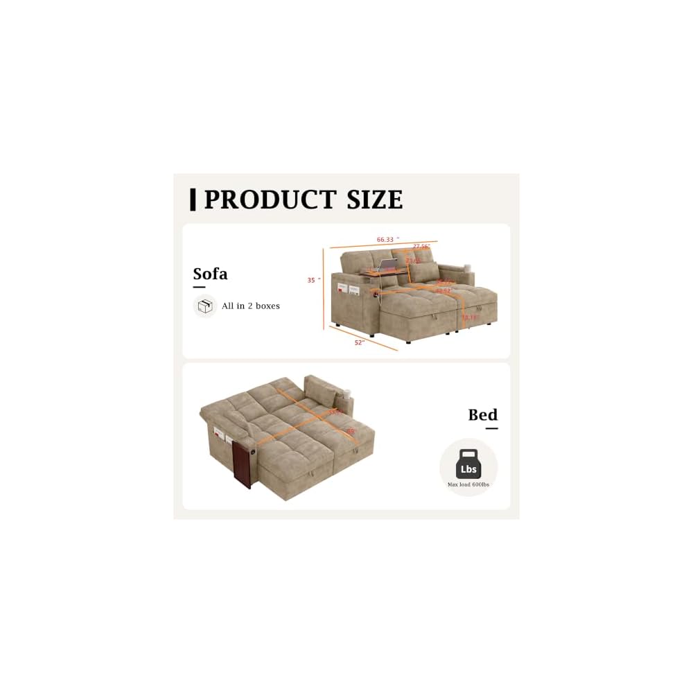 66.33'' Sleeper Sofa Bed Full Size, 3in1 Convertible Couch for RVs, Taupe
