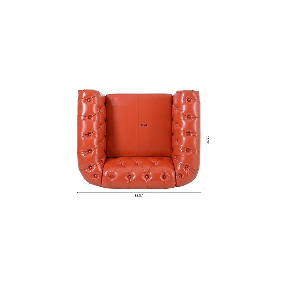 39" Chesterfield Tufted Sofa Chair, Midcentury Modern 1 Seater Couch with Deep Seat Cushions, Accent Strip, Rolled Arms & Solid Wood Legs, PU Leather Accent Sofa for Living Room, Orange