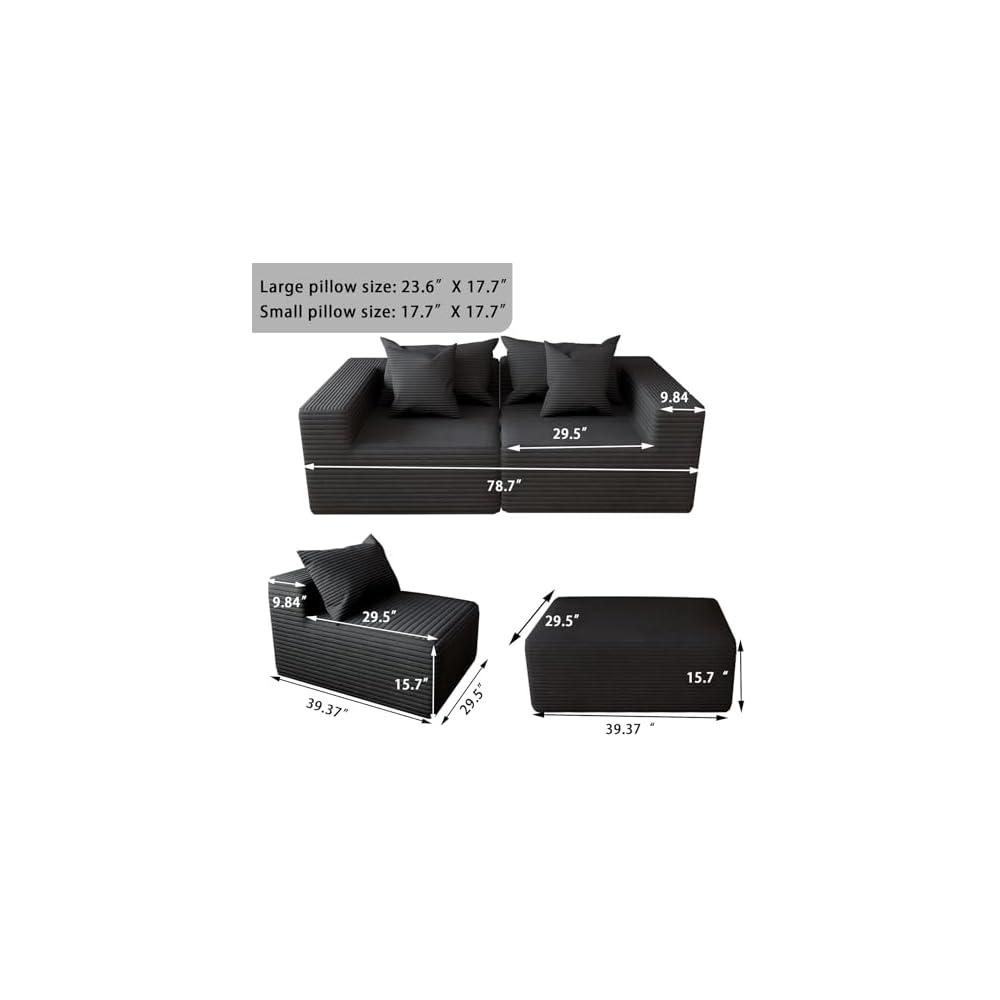 Oversized Cloud Couch Ottoman, Frameless Wide-Wale Corduroy Footrest for Living Room, High-Density All-Foam Large Rectangle Boneless Ottoman Coffee Table for Sectional Sofa (Charcoal, Ottoman)