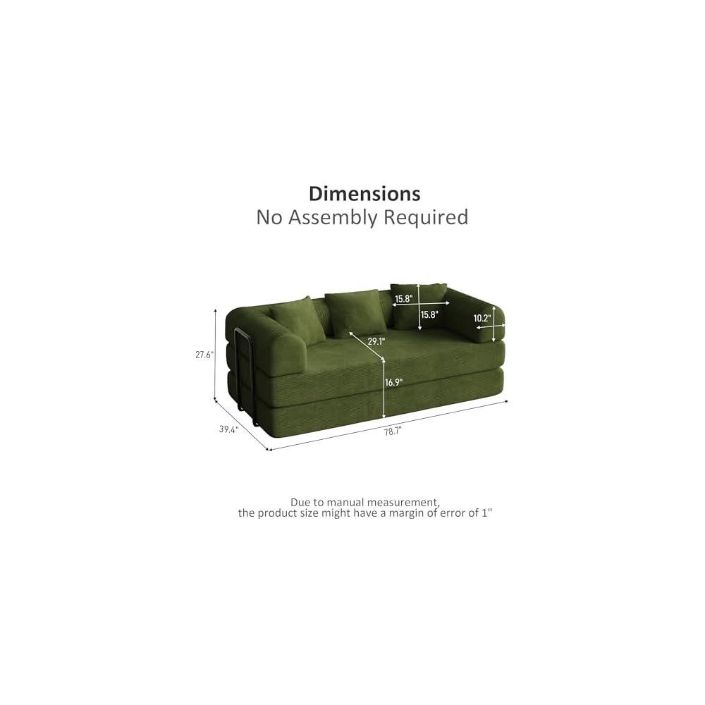 78" Corduroy Convertible Sofa Bed with Pull-Out Bed, Olive Green