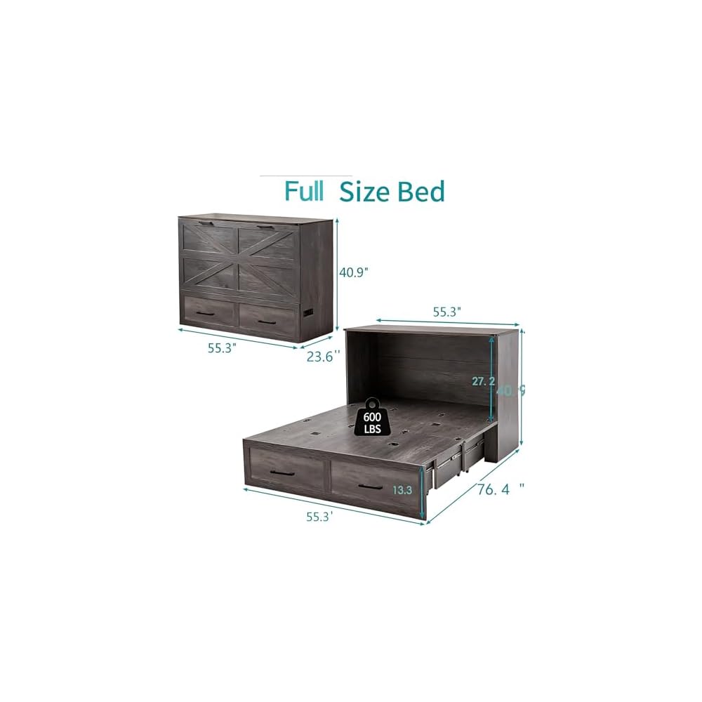 Murphy Bed, Full Farmhouse Cabinet with Charging & Storage, Rustic Grey