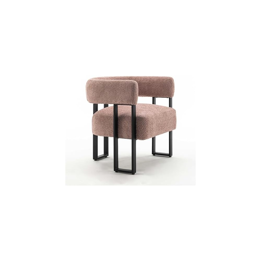 Accent Chair Grey Upholstered Teddy Velvet Single Sofa Modern Corner Round Padded Armrest Club Boucle Armchair for Living Room Bedroom Office Hotel Lounge Nursery Apartment Black Metal Stand