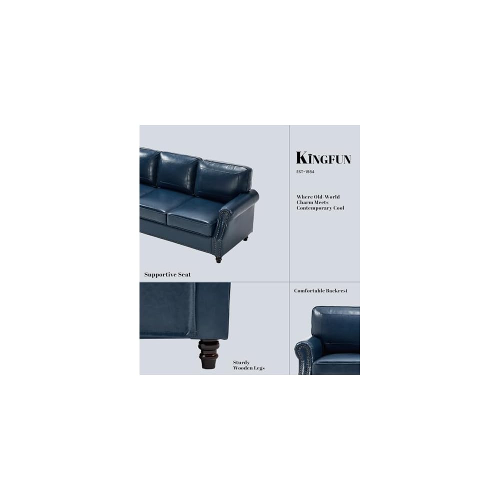 Faux Leather Sofa, Mid Century Modern Couch with Rolled Arm & Nailhead Trim for Living Room, Office - Blue