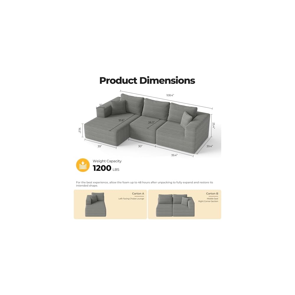 108.4" Sectional Couches for Living Room, Cloud Boneless Sofa with Oversized Chaise, Modular L-Shape Couch, Deep Seat Comfy Corduroy Fluffy Upholstered, No Assembly Required(Dark Grey)