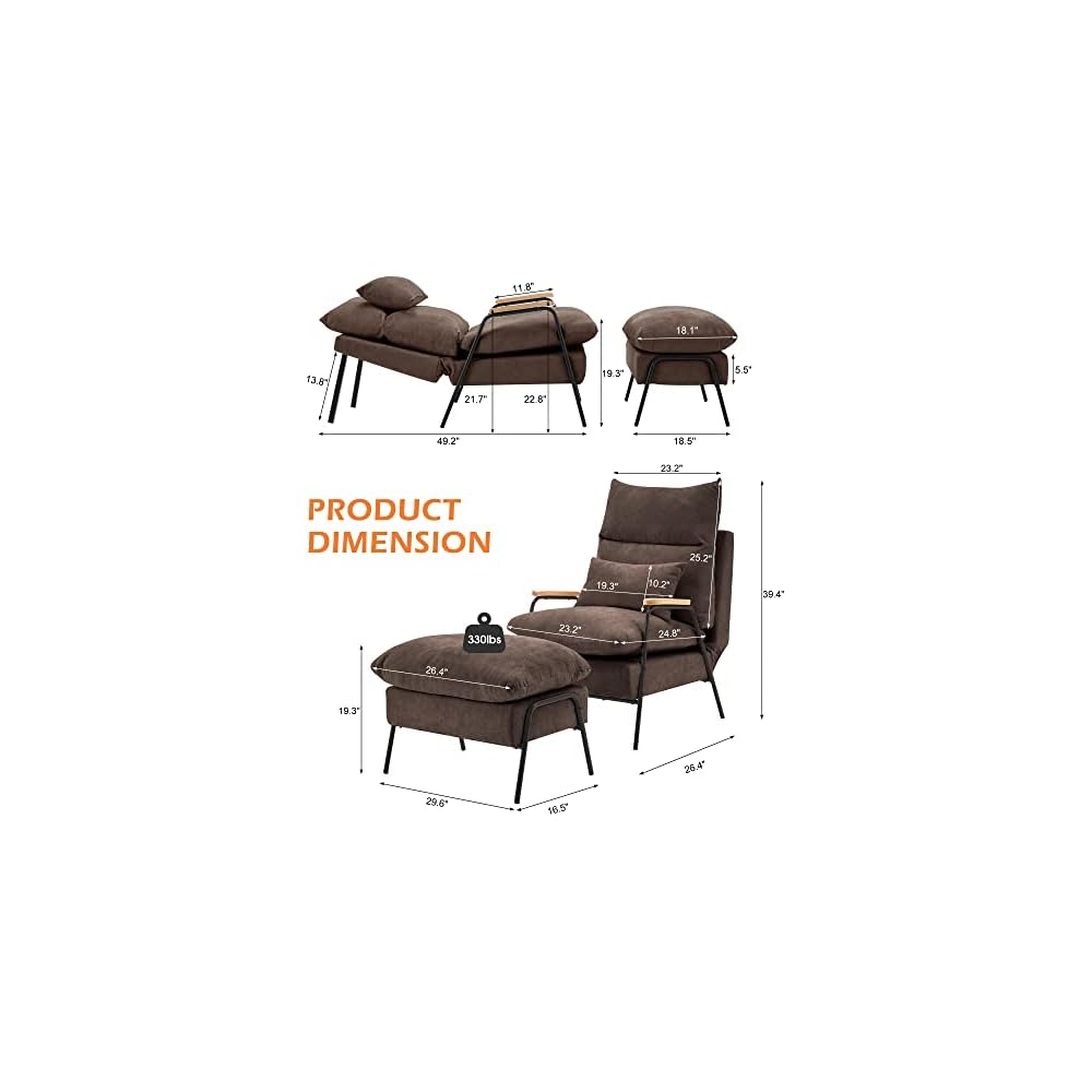 Accent Recliner Chair with Ottoman, Modern Fabric Armchair, Upholstered Sofa Bed for Living Room Bedroom, Small Space 4055 (Black Frame, Brown)