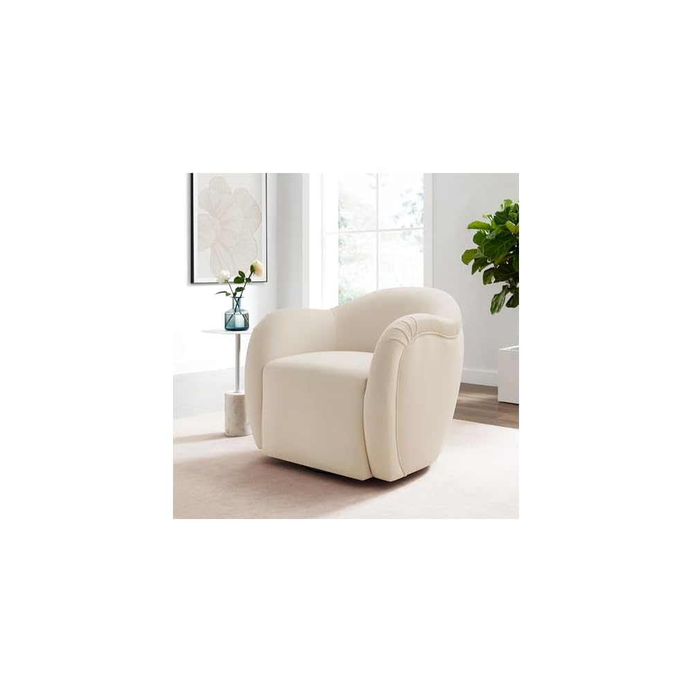 Compose Performance Velvet Swivel Armchair in Alabaster - Barrel Accent Chair - Comfy Round Single Sofa Chair with 360° Rotation - Modern Upholstered Club Chair for Living Room, Bedroom