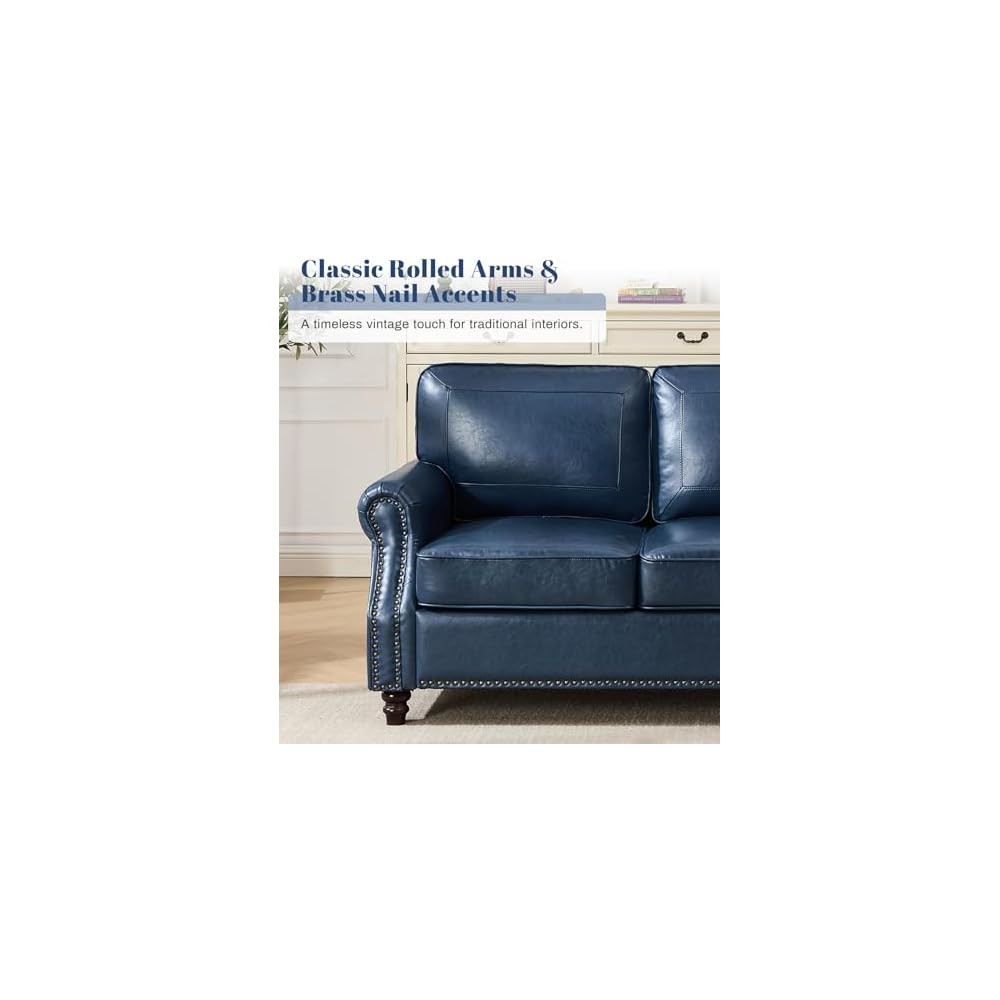 Faux Leather Sofa, Mid Century Modern Couch with Rolled Arm & Nailhead Trim for Living Room, Office - Blue