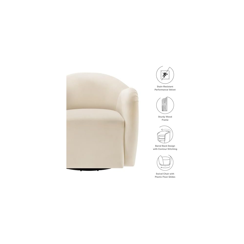 Compose Performance Velvet Swivel Armchair in Alabaster - Barrel Accent Chair - Comfy Round Single Sofa Chair with 360° Rotation - Modern Upholstered Club Chair for Living Room, Bedroom