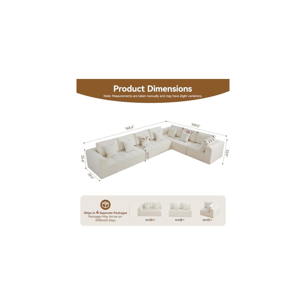 170''Modular Sectional Couches for Living Room, Cloud Boneless Compressed Sectional Sofa, Oversized L Shaped 7 Seater Upholstered Memory Foam Sofa, No Assembly, Chenille Beige