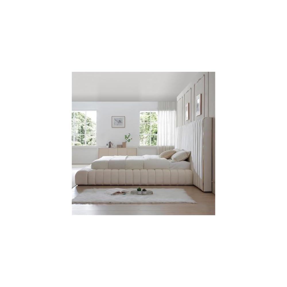 King Platform Bed, 96.5” x 146” x 60”, Velvet Upholstered in Cream, Winged Headboard with Vertical Piping, Low-Profile Design, Sturdy Frame, Luxurious Bedroom Centerpiece