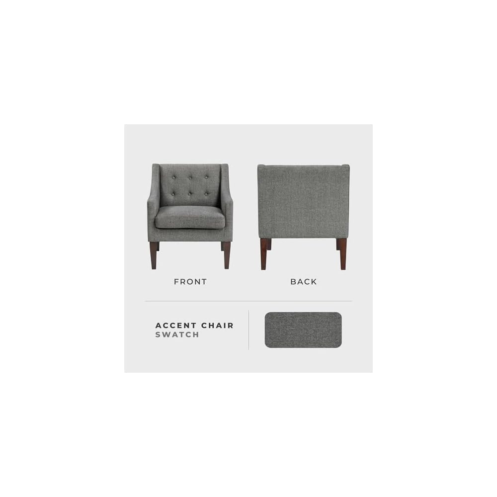 Living Room Accent Chair, Textured Fabric Upholstered Arm Chair with Button Tufted Back, Sloped Arms and Wooden Legs, Dark Gray