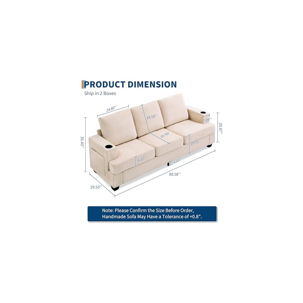 Chenille Sofa for Living Room, 89-Inch Comfy Couch with Deep Seat, Modern 3-Seater Sofa with Cup Holders and Side Storage Pockets for Apartment Lounge in Beige