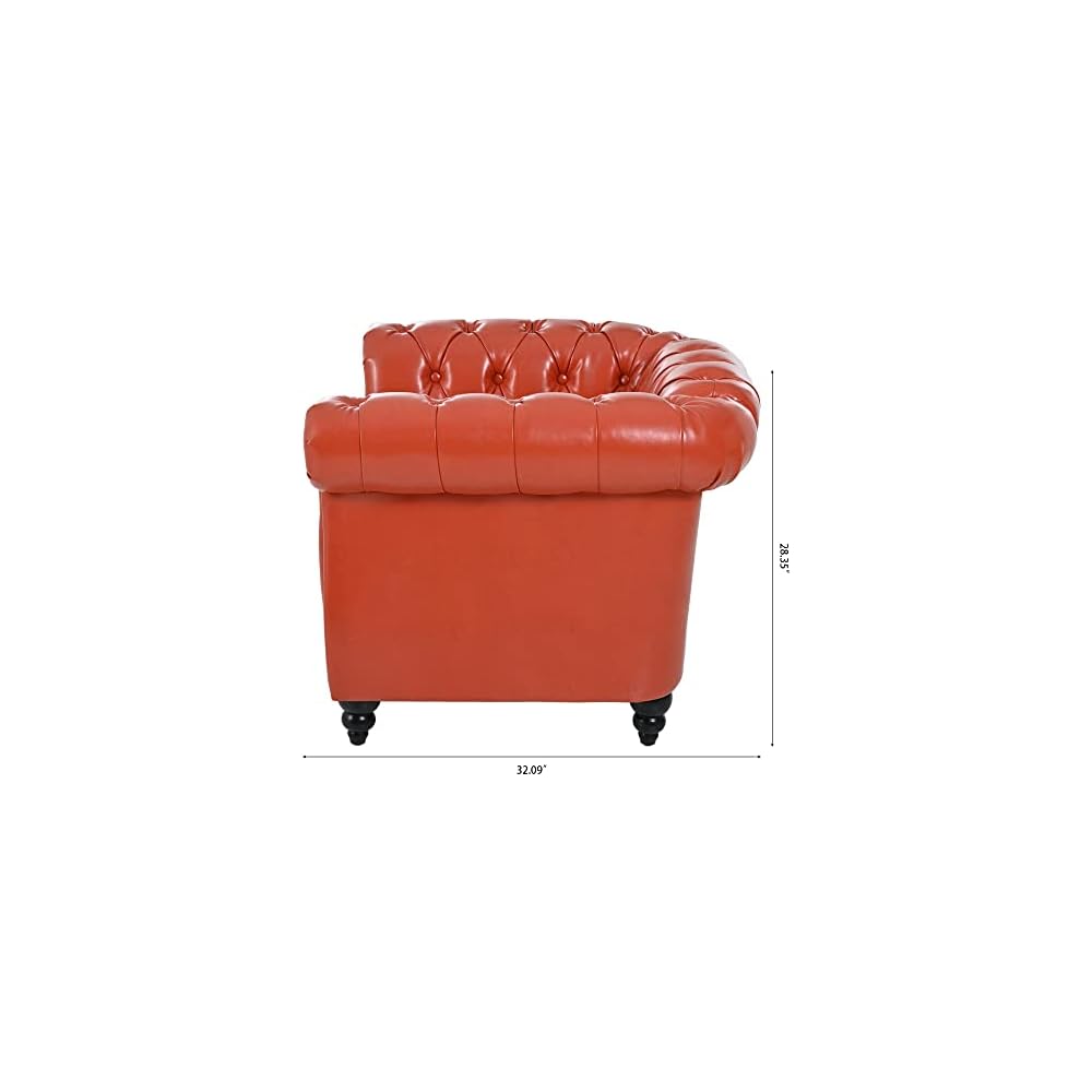 39" Chesterfield Tufted Sofa Chair, Midcentury Modern 1 Seater Couch with Deep Seat Cushions, Accent Strip, Rolled Arms & Solid Wood Legs, PU Leather Accent Sofa for Living Room, Orange