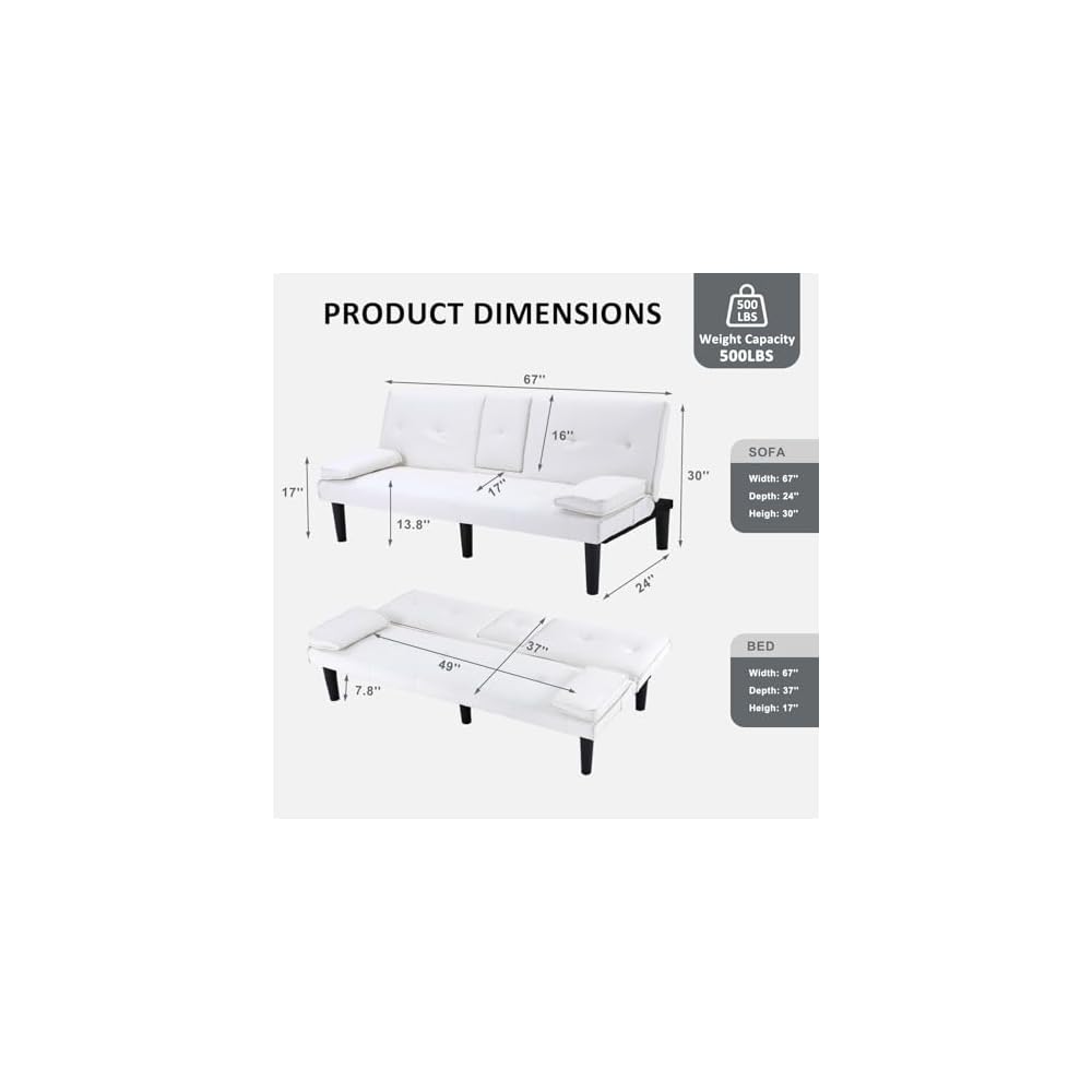Futon Sofa Bed, Modern Convertible PU Leather Couch with Removable Armrests