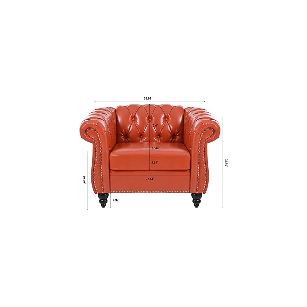 39" Chesterfield Tufted Sofa Chair, Midcentury Modern 1 Seater Couch with Deep Seat Cushions, Accent Strip, Rolled Arms & Solid Wood Legs, PU Leather Accent Sofa for Living Room, Orange