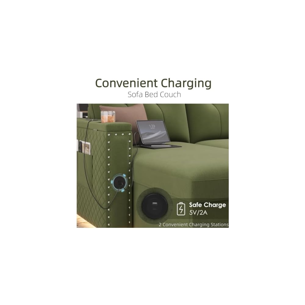 81" LED L-Shaped Sectional Couch, Sleeper Sofa Bed for Living Room, Green