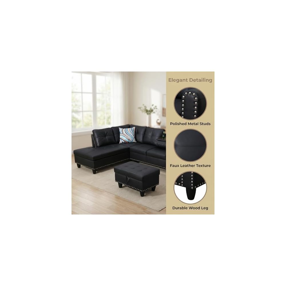 Leather 3-Piece L-Shaped Couches for Living Room, Sectional Sofa with Storage Ottoman & Movable Chaise, Modular Convertible Couch for Bedroom & Apartment, Midnight Black