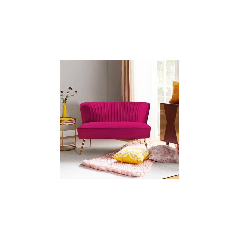Contemporary Velvet Loveseat Sofa, Upholstered Loveseat Couch with Golden Metal Legs, Small Tufted 2-Seat Sofa Armless Love Seat for Living Room, Bedroom, Apartment Small Spaces, Fuchsia