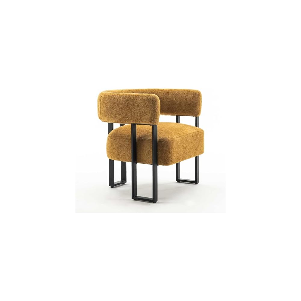 Accent Chair Grey Upholstered Teddy Velvet Single Sofa Modern Corner Round Padded Armrest Club Boucle Armchair for Living Room Bedroom Office Hotel Lounge Nursery Apartment Black Metal Stand