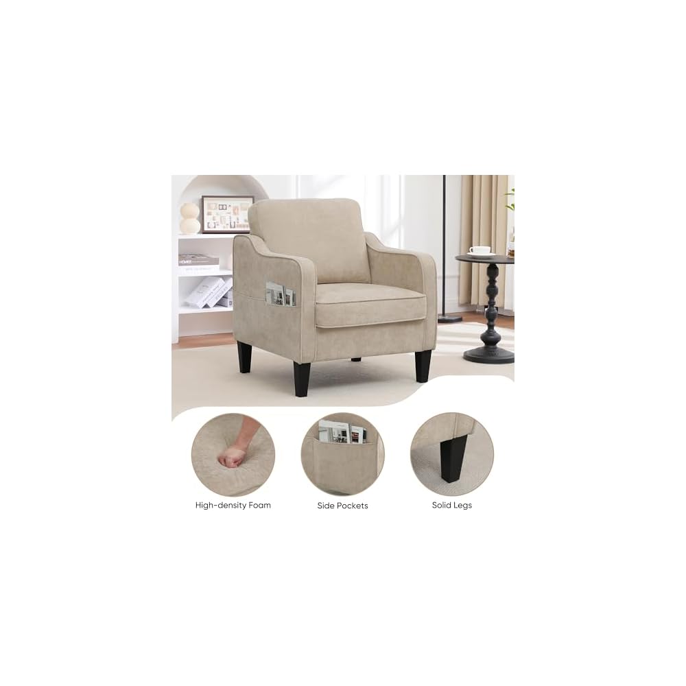 Accent Chair for Living Room, Mid Century Modern Reading Chair for Bedroom, Upholstered Armchair with Side Pockets, Comfy Single Sofa Side Chair for Office, Apartment, Small Room, Light Brow