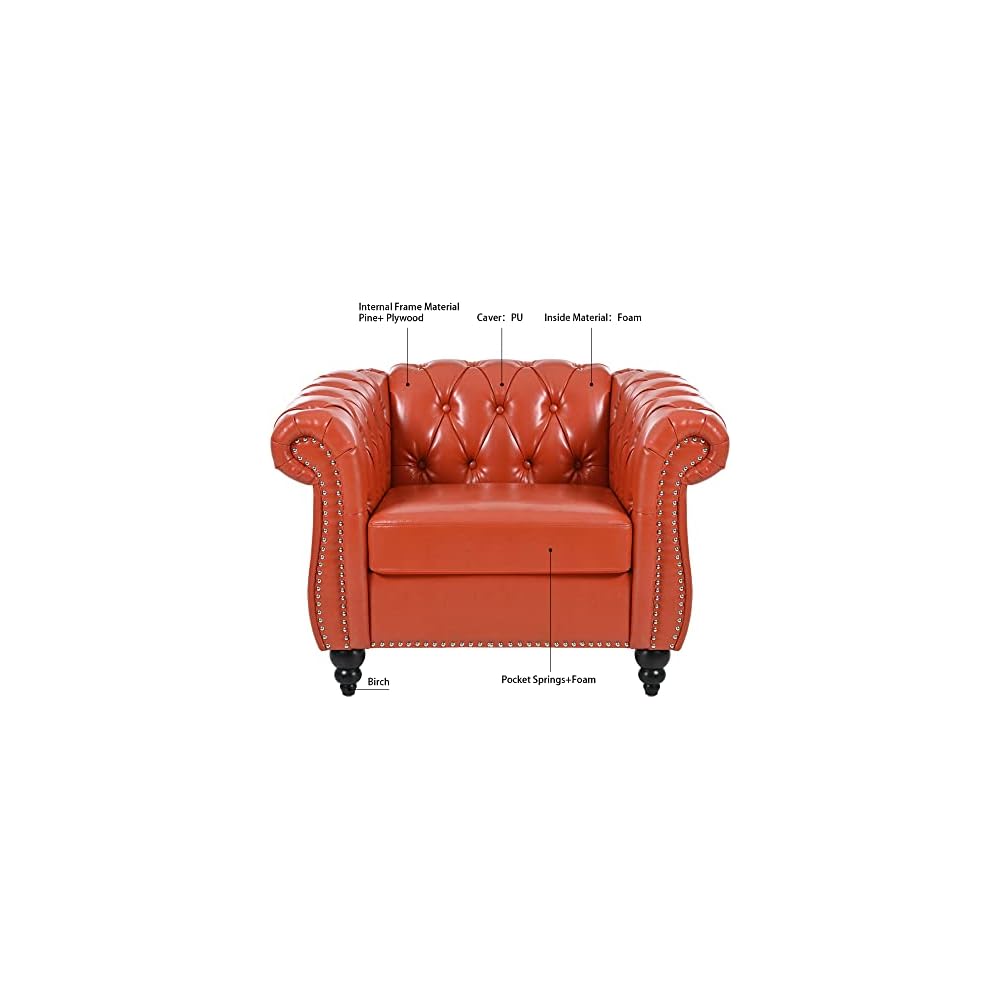 39" Chesterfield Tufted Sofa Chair, Midcentury Modern 1 Seater Couch with Deep Seat Cushions, Accent Strip, Rolled Arms & Solid Wood Legs, PU Leather Accent Sofa for Living Room, Orange