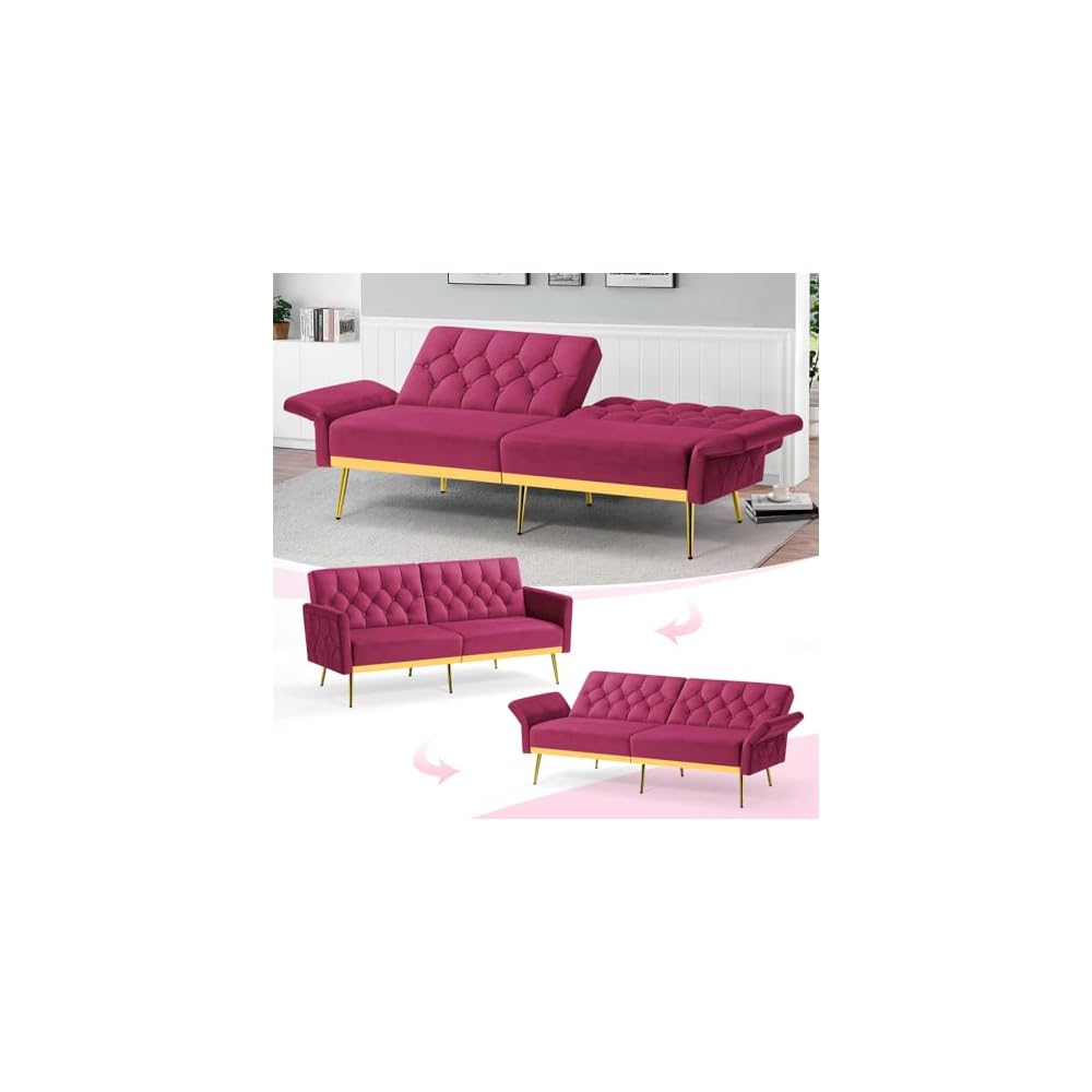 Velvet Sofa Bed w/Adjustable Armrests & Backrests, Fuchsia