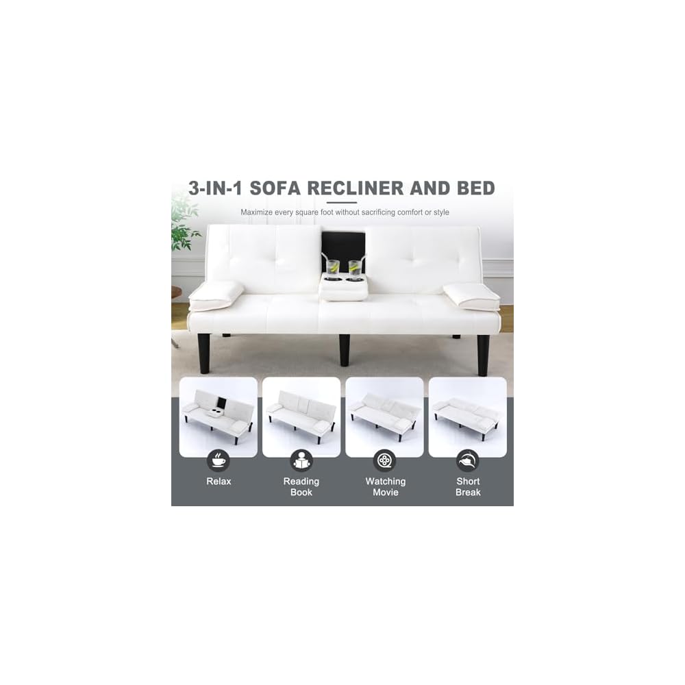 Futon Sofa Bed, Modern Convertible PU Leather Couch with Removable Armrests