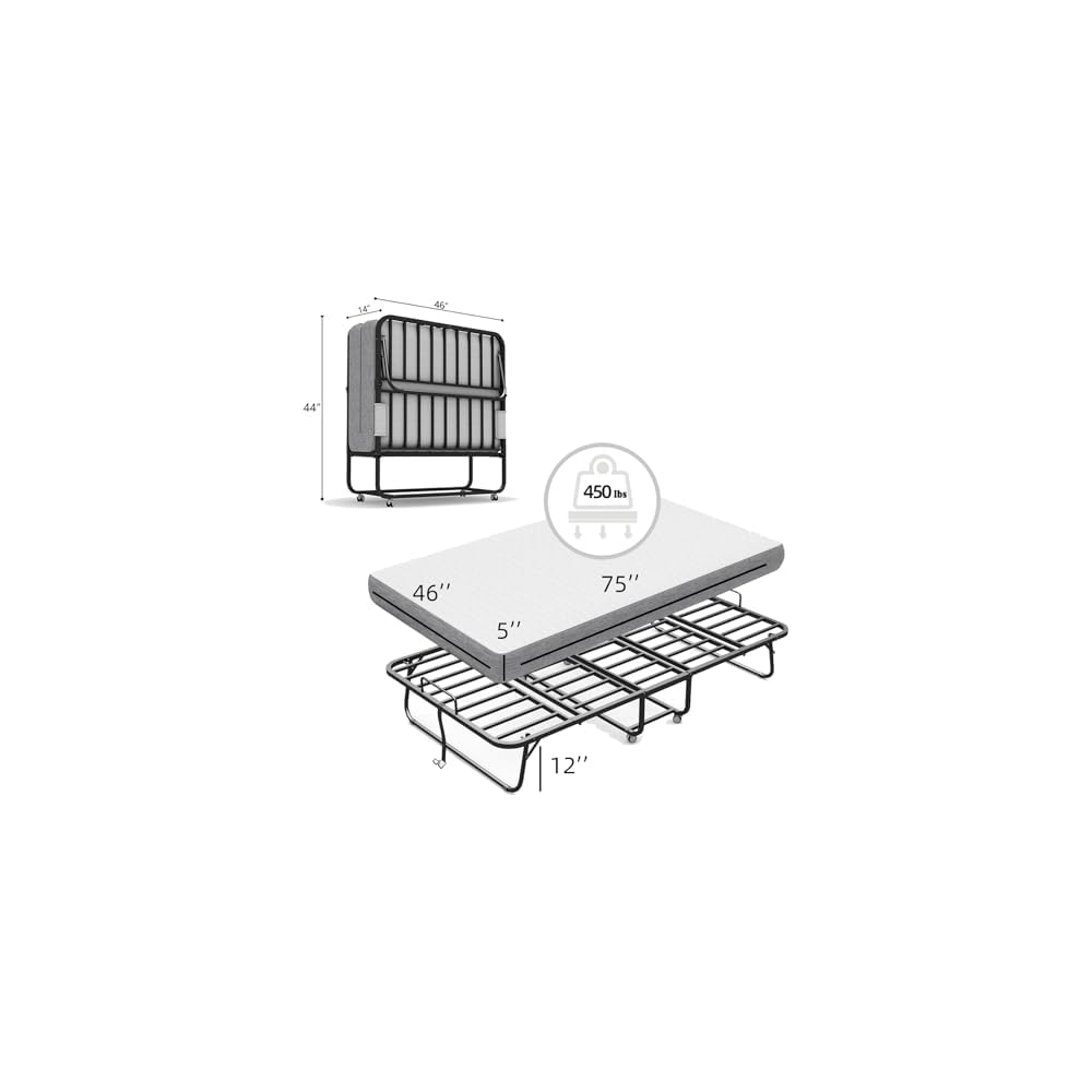 75''x46'' Folding Bed with Mattress for Adults, Large Size Rollaway Folded Bed for Hospital/School/Living Room, Sturdy Frame, Big Space, Comfortable Sleep
