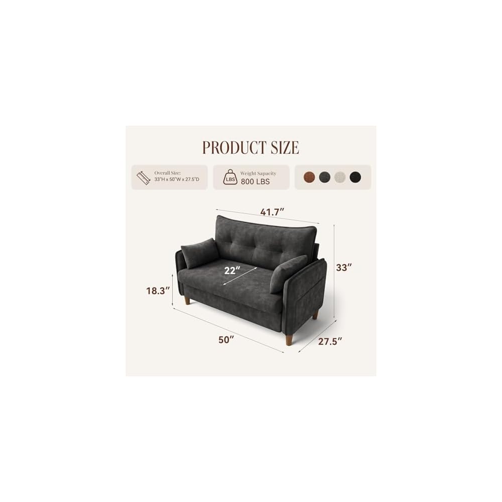 50" Mini Loveseat Couch for Small Space | Tufted Love Seat Couches for Bedroom and Apartment | Small Sofa Dark Grey