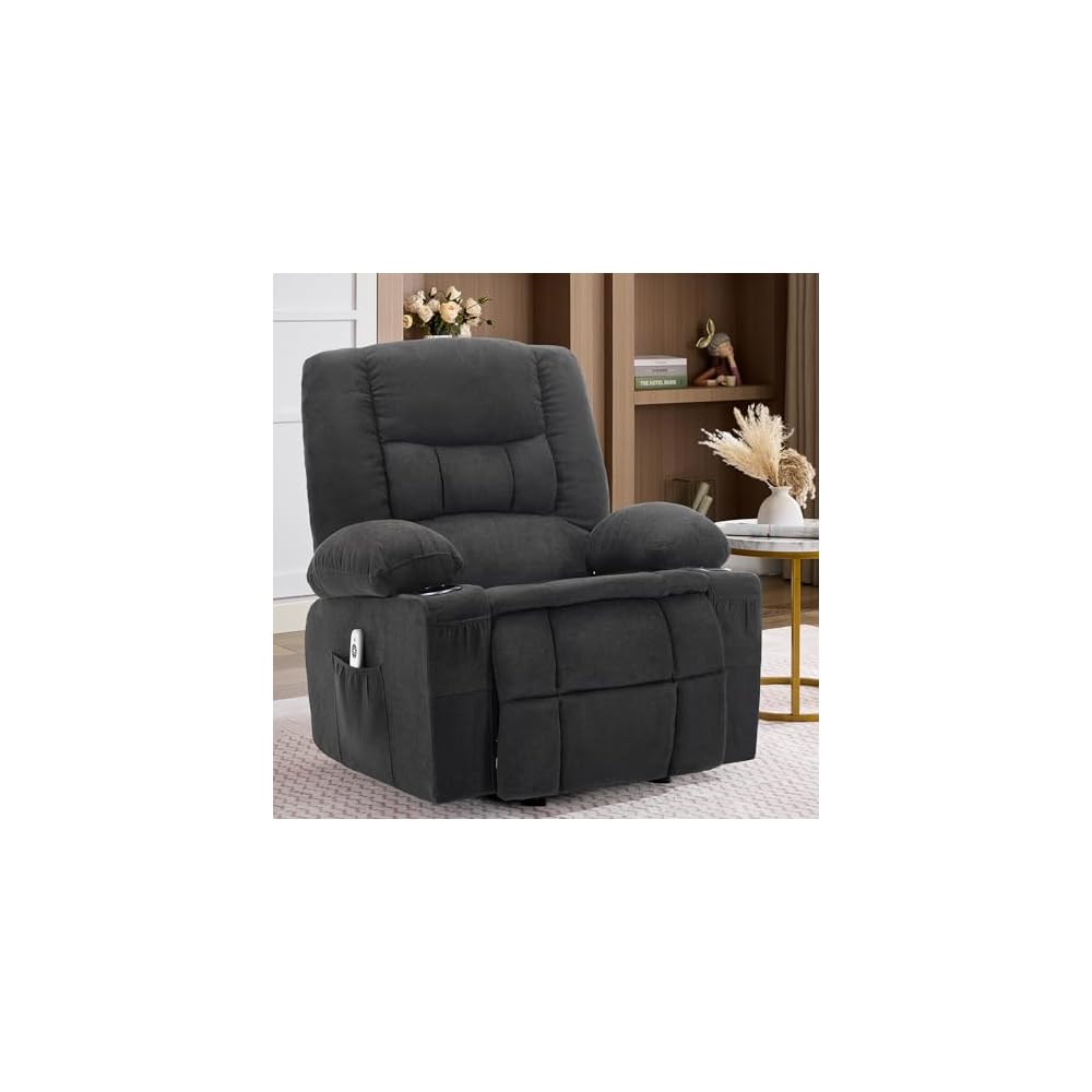 Rocker Recliner Chair with Massage and Heat, Nursery Rocking Chairs for Living Room, Ergonomic Comfy Relining Chair with Cup Holders, USB Charge Port, Side Pockets, Comfortable Arm, Single Sofa, Beige