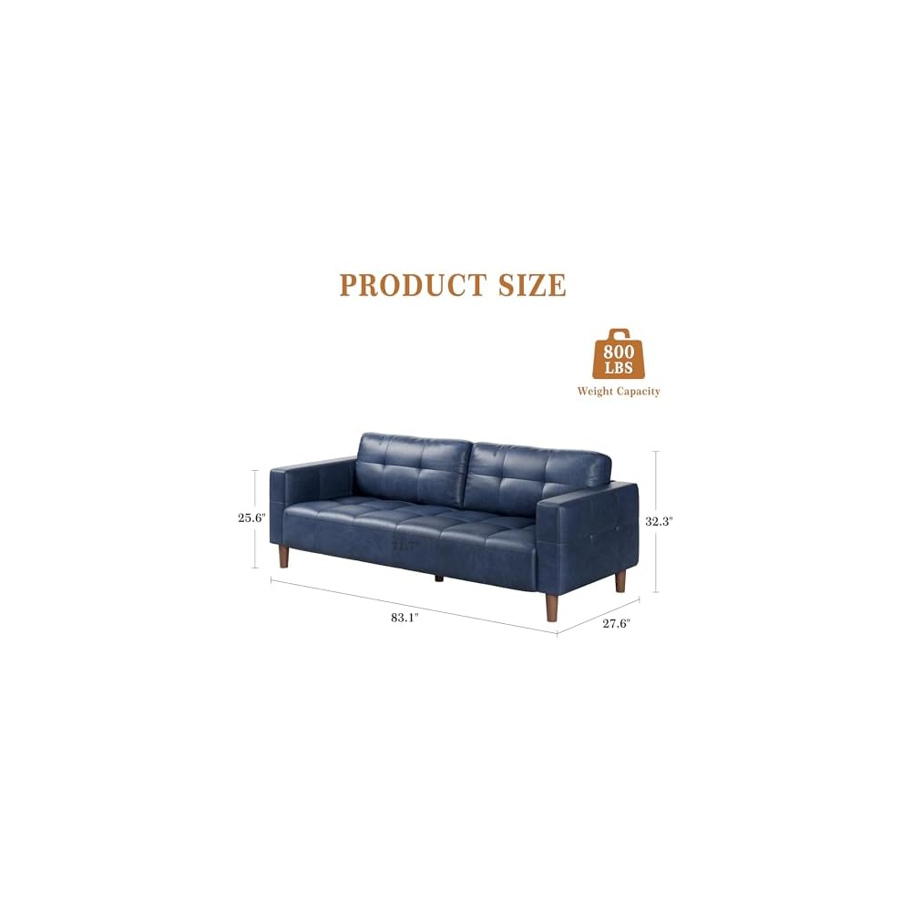 83” Blue Faux Leather Couch, 3 Seater Sofa Couches