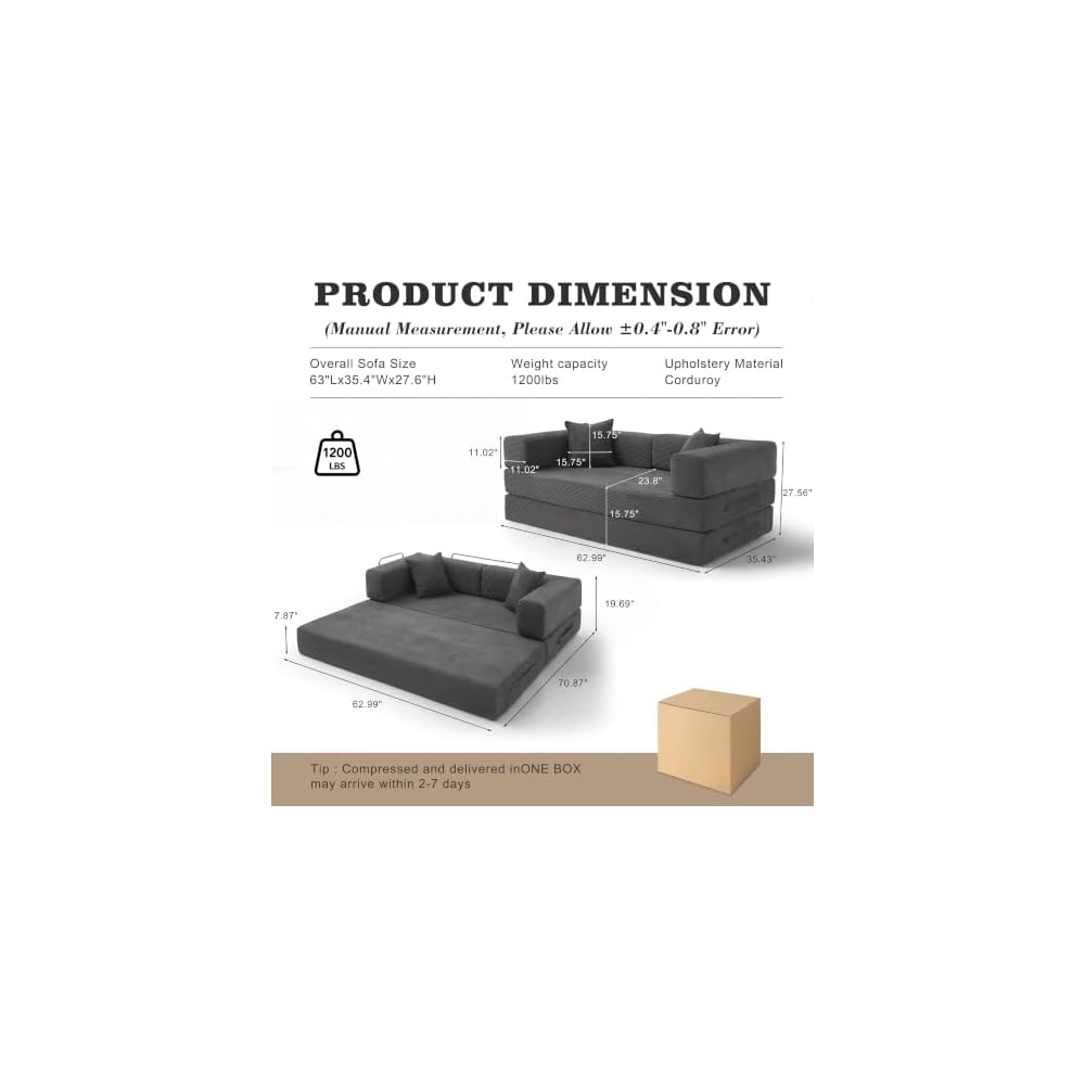 63" Convertible Futon Sofa Bed Boneless Couch for Living Room
