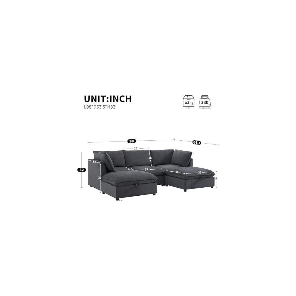 98" Modular Sectional Sofa with Movable Storage Ottoman, U-Shaped Cloud Couch with Fold-Down Backrest Table, Charing Ports, Cup Holders, Chenille Deep Seat Sectional Couches for Living Room, Gray