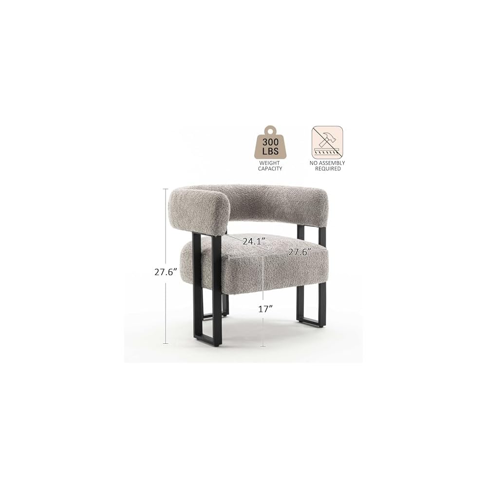 Accent Chair Grey Upholstered Teddy Velvet Single Sofa Modern Corner Round Padded Armrest Club Boucle Armchair for Living Room Bedroom Office Hotel Lounge Nursery Apartment Black Metal Stand