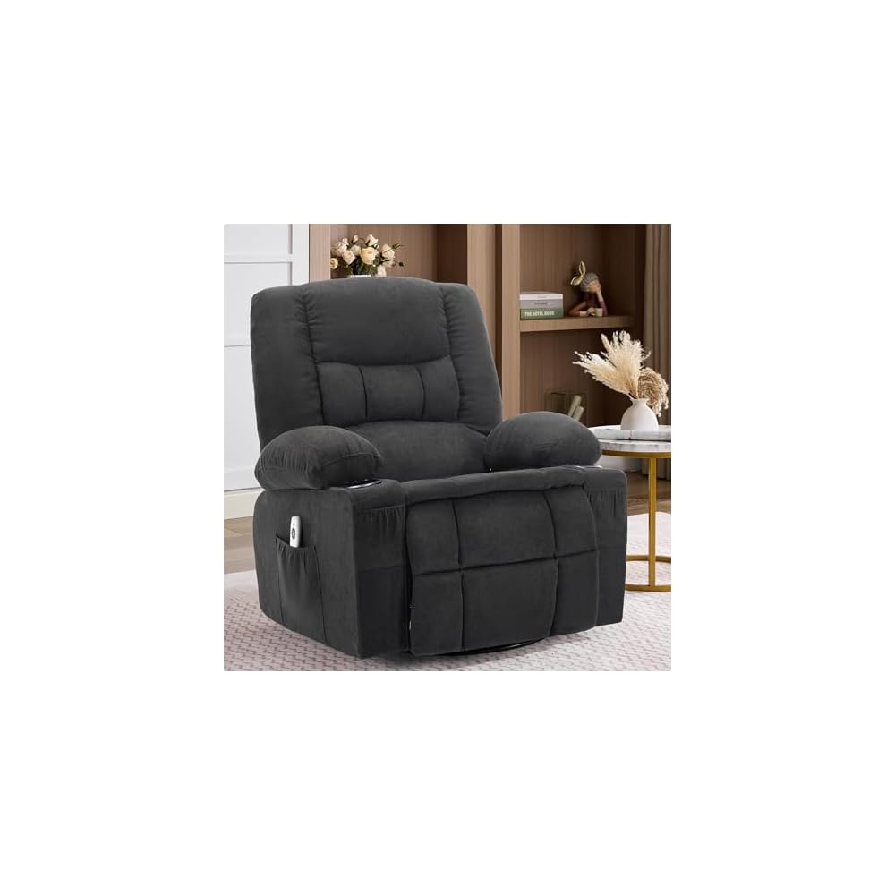 Rocker Recliner Chair with Massage and Heat, Nursery Rocking Chairs for Living Room, Ergonomic Comfy Relining Chair with Cup Holders, USB Charge Port, Side Pockets, Comfortable Arm, Single Sofa, Beige